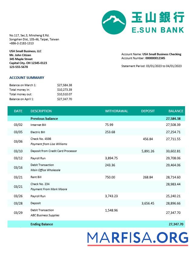 Printable E.SUN Commercial Bank business statement Word and PDF template